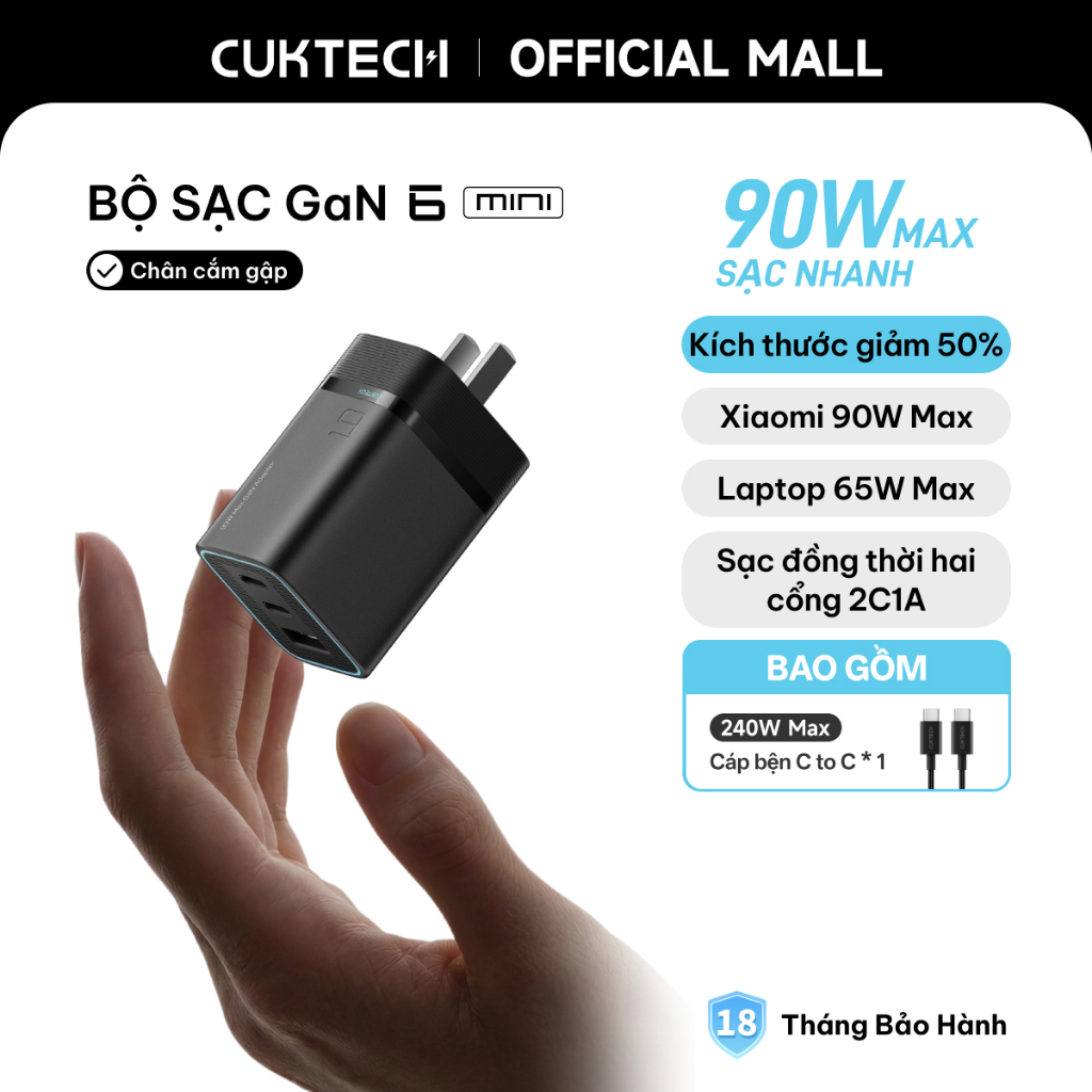 Củ Sạc Nhanh CUKTECH GaN 90W 3 Cổng Siêu Nhỏ Gọn Sạc Laptop 65W Cho iP 18/17/16/Xiaomi 17/Samsung S26/Oppo/Vivo