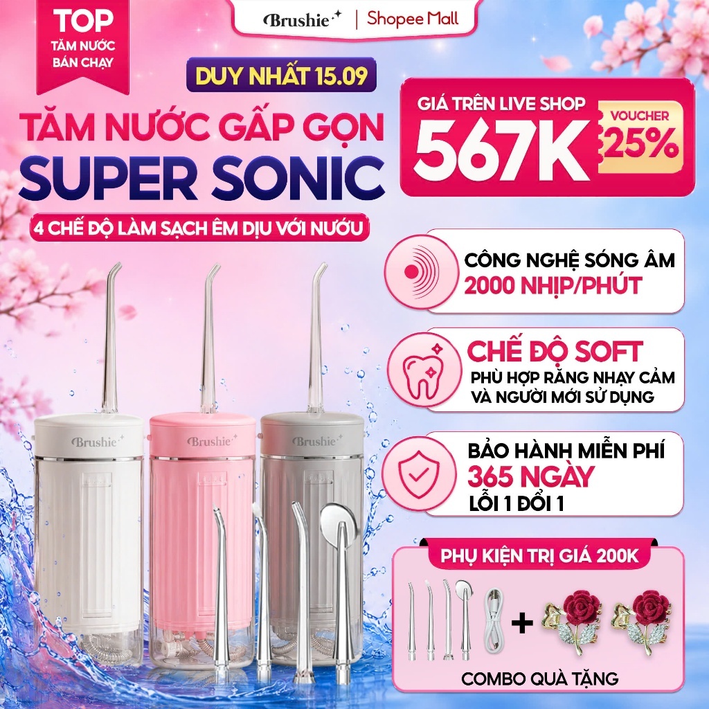 [GIÁ 540K TẠI LIVE SHOP] Tăm Nước Cầm Tay Brushie Super Sonic, Flossie Tăm Nước Du Lịch Phiên Bản Mớ