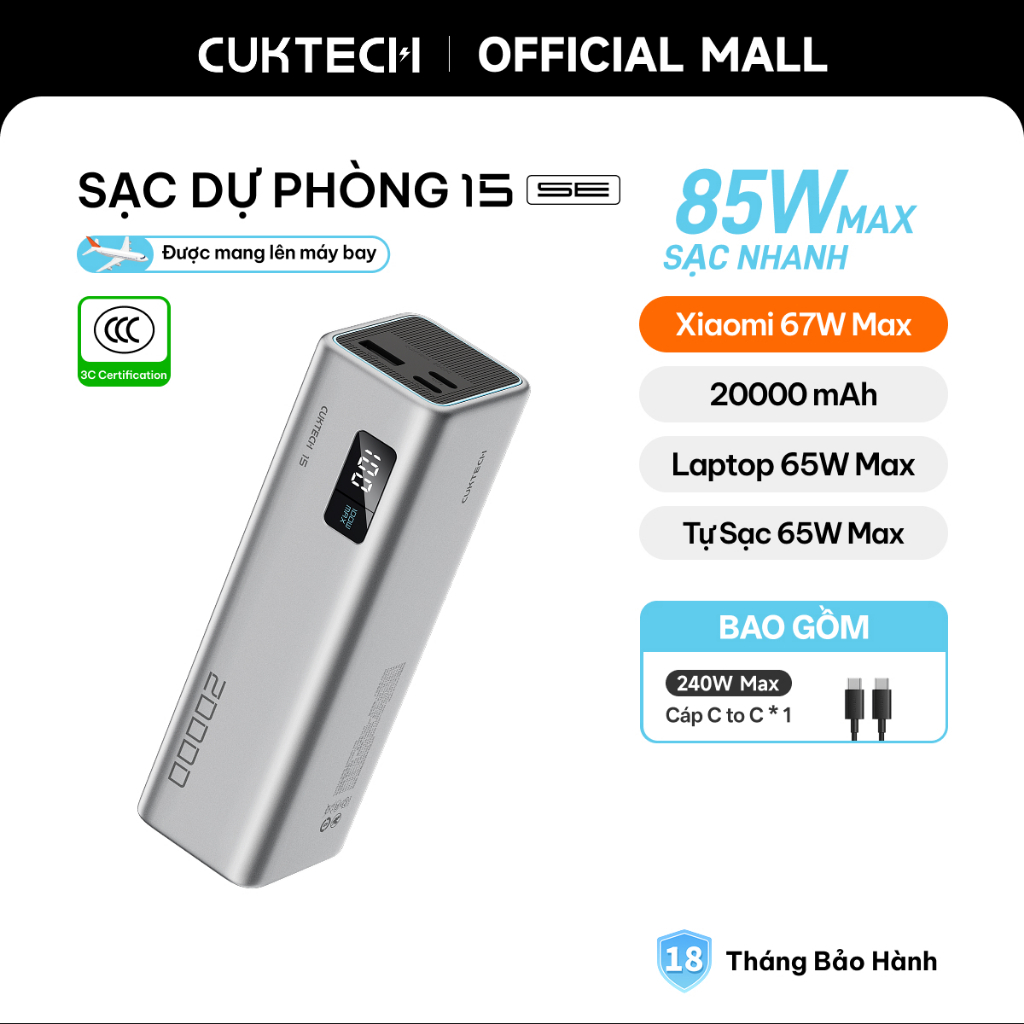 【Được chứng nhận CCC】CUKTECH Sạc Nhanh 85W 20000mAh – Hỗ Trợ Xiaomi 67W Laptop 65W Samsung 45W iP 18/17/16