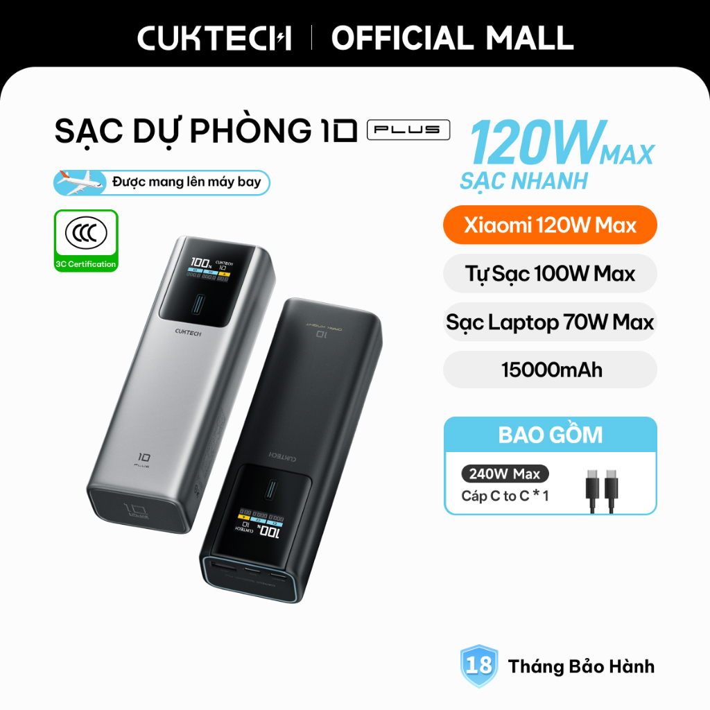 【Được chứng nhận CCC】CUKTECH Sạc Nhanh 120W 15000mAh – Hỗ Trợ Xiaomi 120W Laptop70W Samsung 45W, iP 