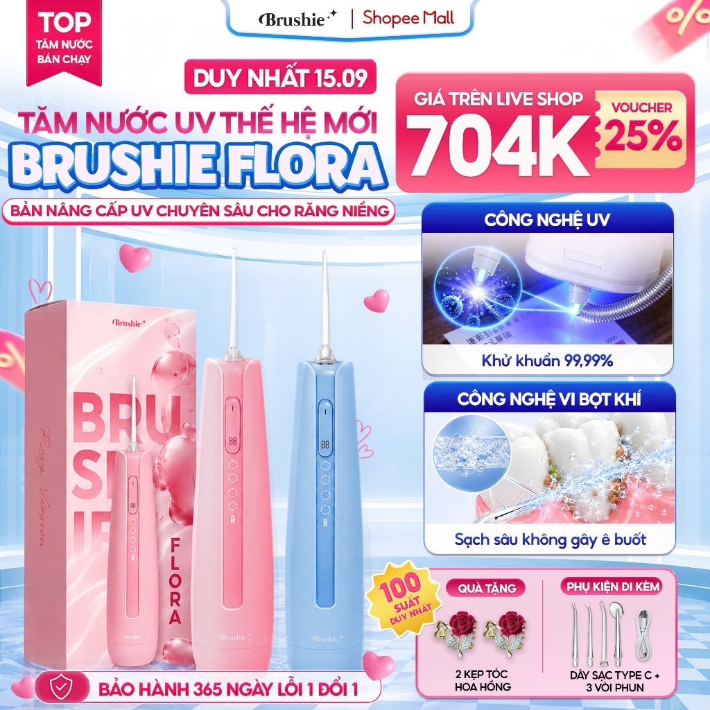 [GIÁ 704K LIVE SHOP] Tăm Nước Brushie Flora bản cải tiến UV Khử Khuẩn Làm Sạch Dịu Nhẹ Cho Nướu Nhạy