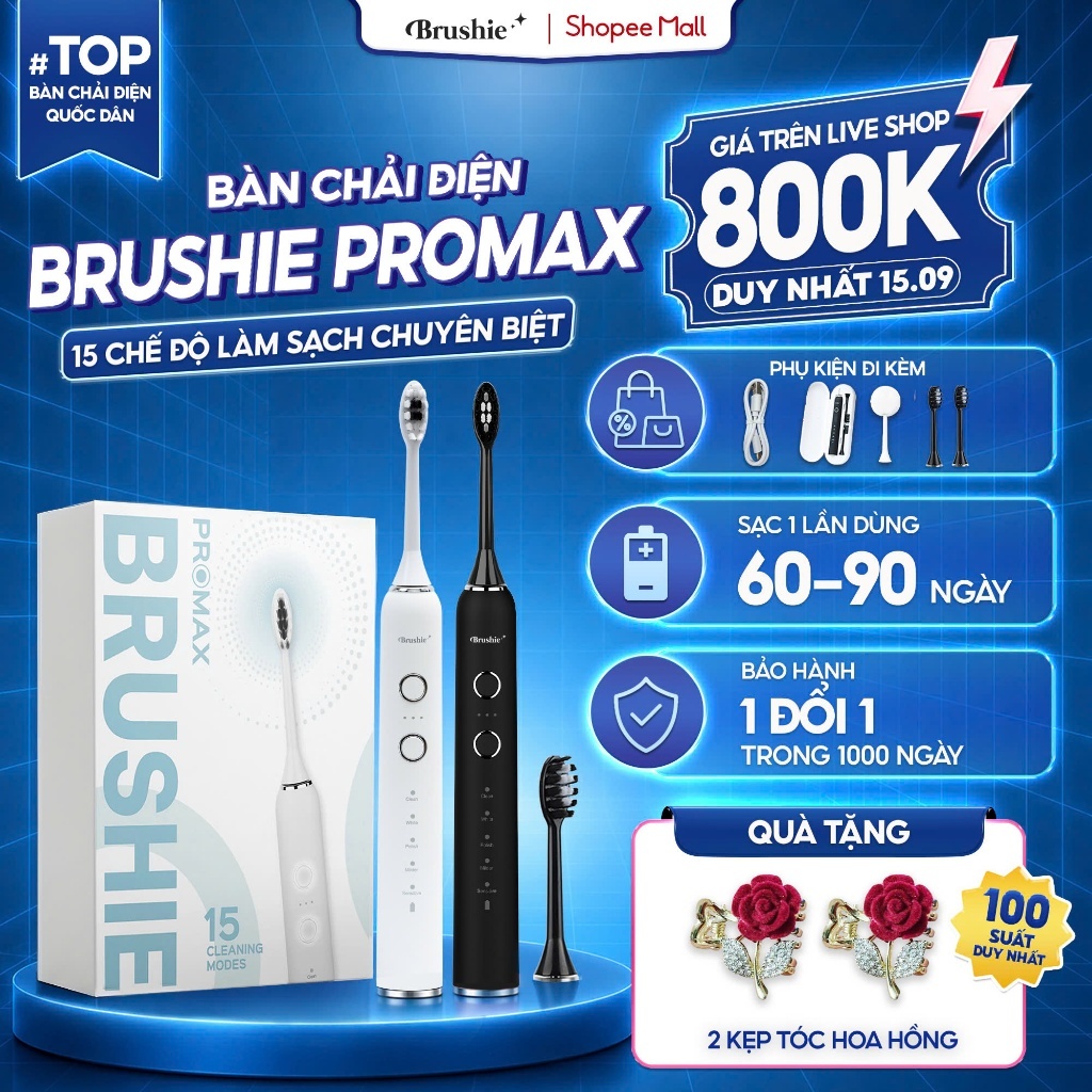 [GIÁ 631K LIVE SHOP] Bàn Chải Điện Brushie Promax 15 Chế Độ Làm Sạch Phù Hợp Cả Cho Răng Nướu Nhạy C