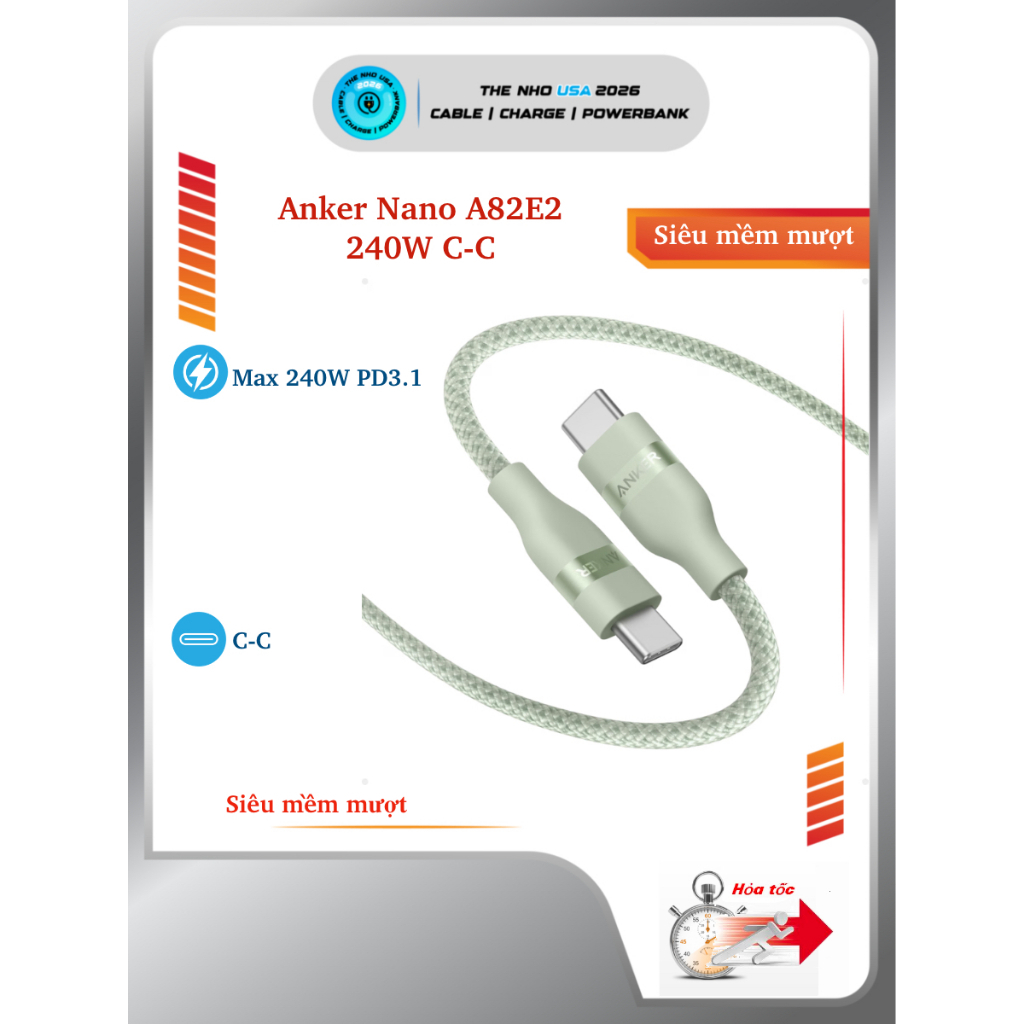 Cáp sạc nhanh Anker Nano A82E2 USB C to C 240W dây dù siều mềm siêu bền