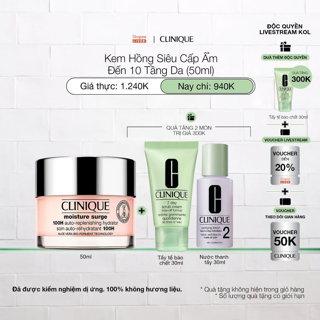 [Ưu đãi Livestream] Kem hồng dưỡng ẩm nhanh chóng 100H Clinique Moisture Surge 100H Auto-Replenishin