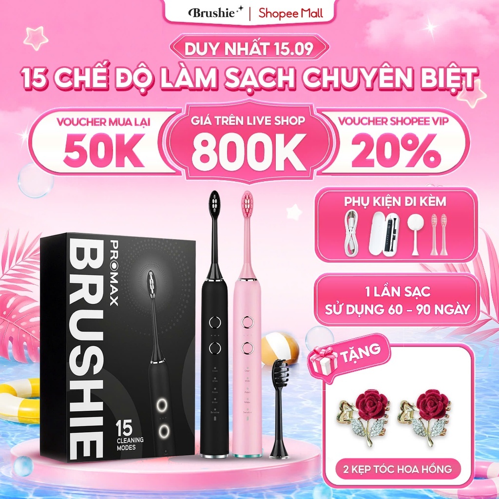 [GIÁ 595K LIVE ECOGO] Bàn chải điện Brushie Promax tích hợp 15 chế độ làm sạch sâu, Loại bỏ mảng bám