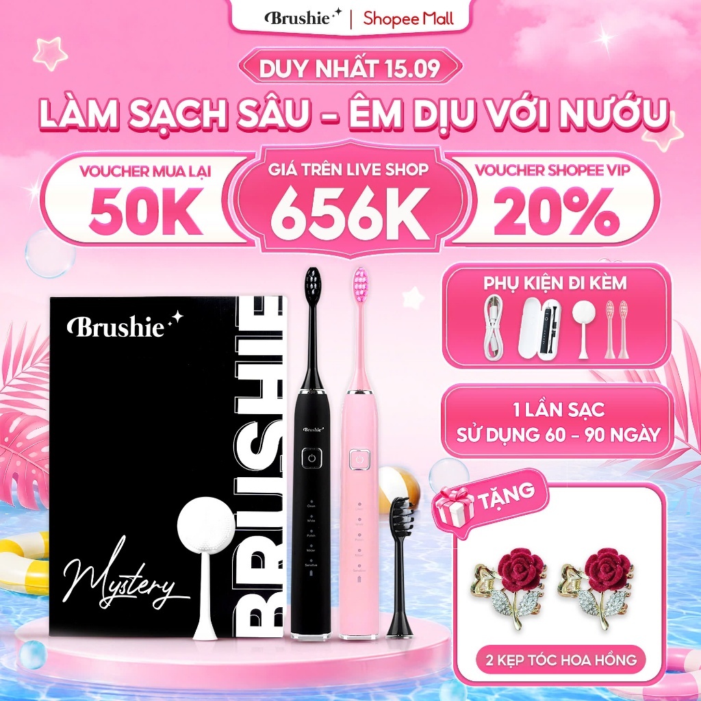 Bàn Chải Điện Brushie - Bàn Chải Điện Xoay Tròn, 3 Mô Hình Làm Sạch, Đen, Hồng, Xanh