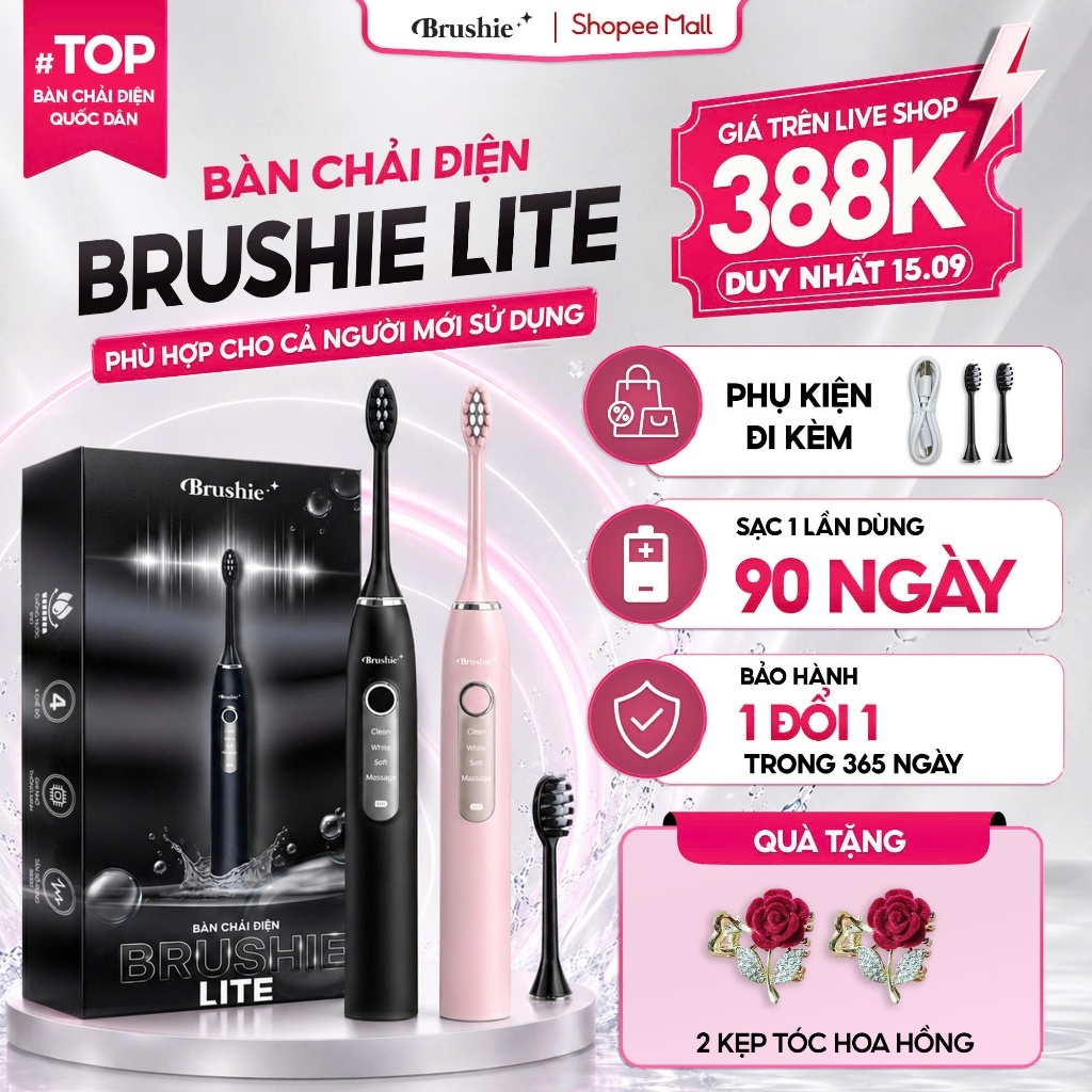 [GIÁ 369K TẠI LIVE SHOP] Bàn Chải Điện Brushie Lite chính hãng 2026, 4 chế độ làm sạch phù hợp cho n