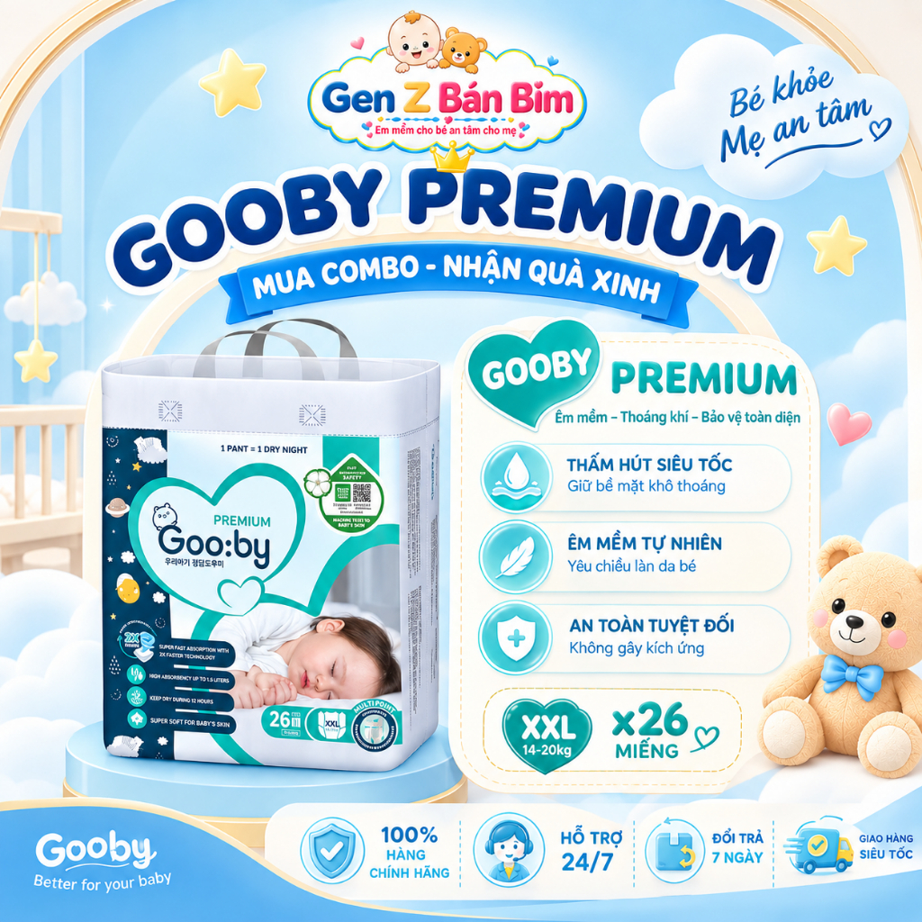 Tã/Bỉm Gooby Đêm, Siêu Thấm Hút, An Toàn, Mềm Mại, Dành Cho Bé Từ 4kg-35kg