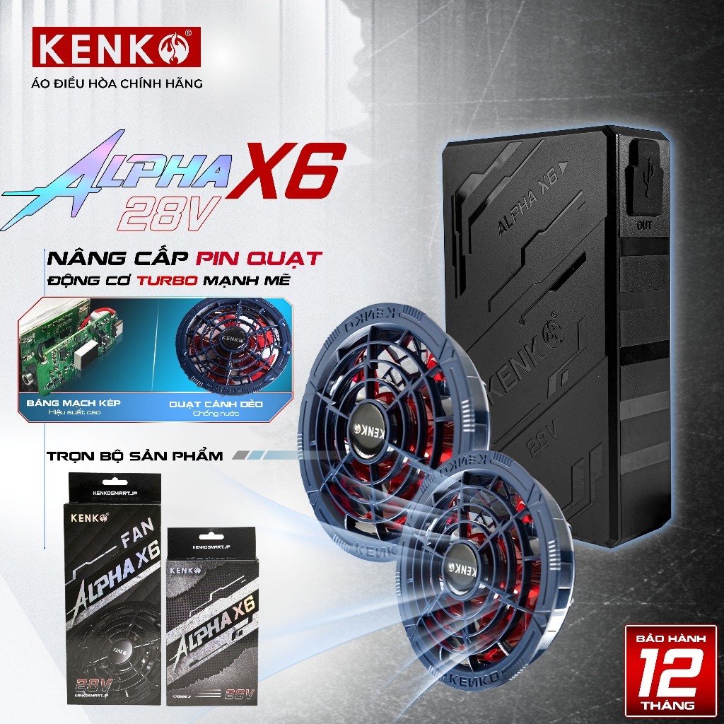 Pin Quạt Áo Điều Hòa KENKO Alpha X6 28V 24000mAh Cao Cấp, Quạt Không Chổi Than, Gió Siêu Mạnh, Cánh 