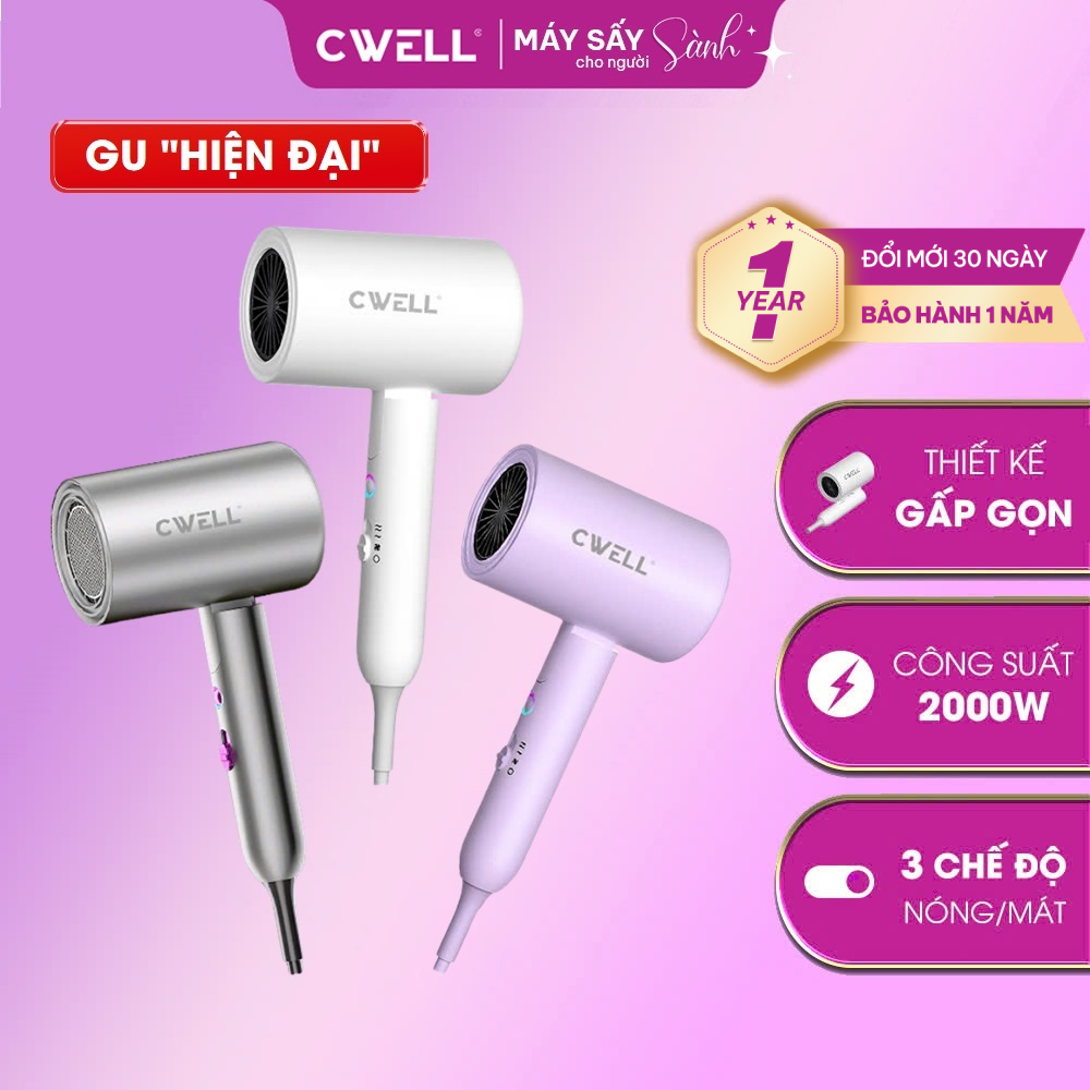 Máy sấy tóc công suất cao CWELL C12 2000W, 3 chế độ sấy đa năng, gấp gọn tiện lợi, sấy nhanh khô