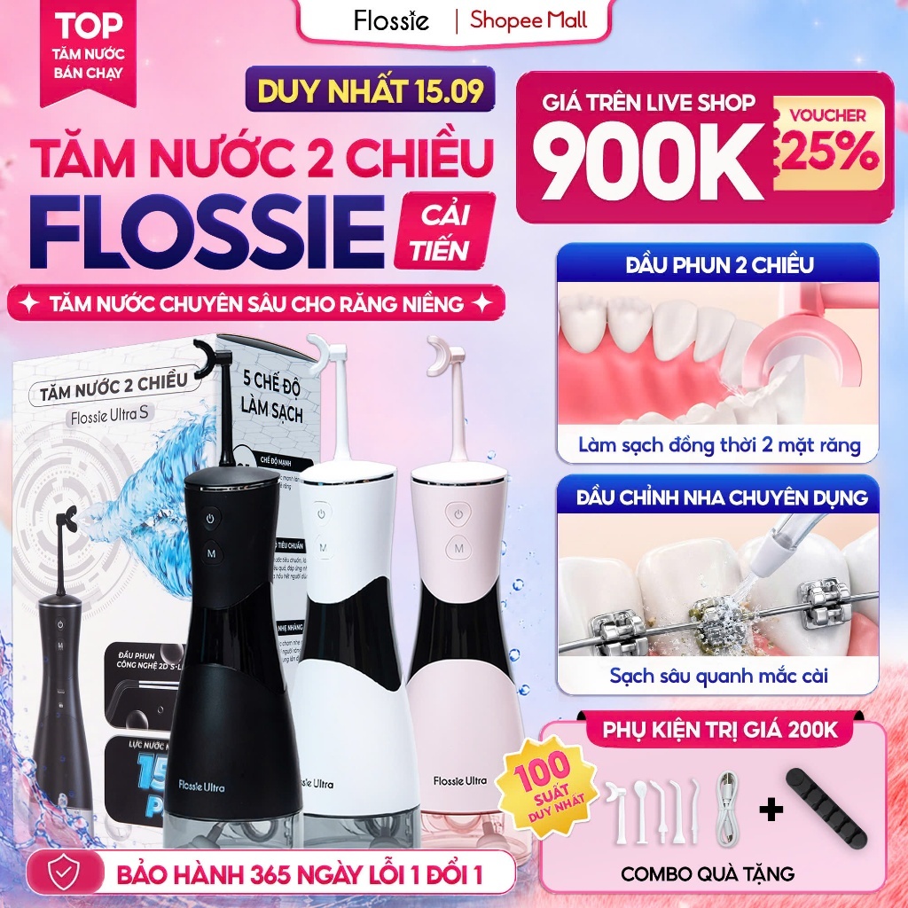 [GIÁ 953K LIVE ECOGO] Máy tăm nước Flossie Ultra vòi phun 2 chiều, công nghệ xoay 360 độ cho răng ni