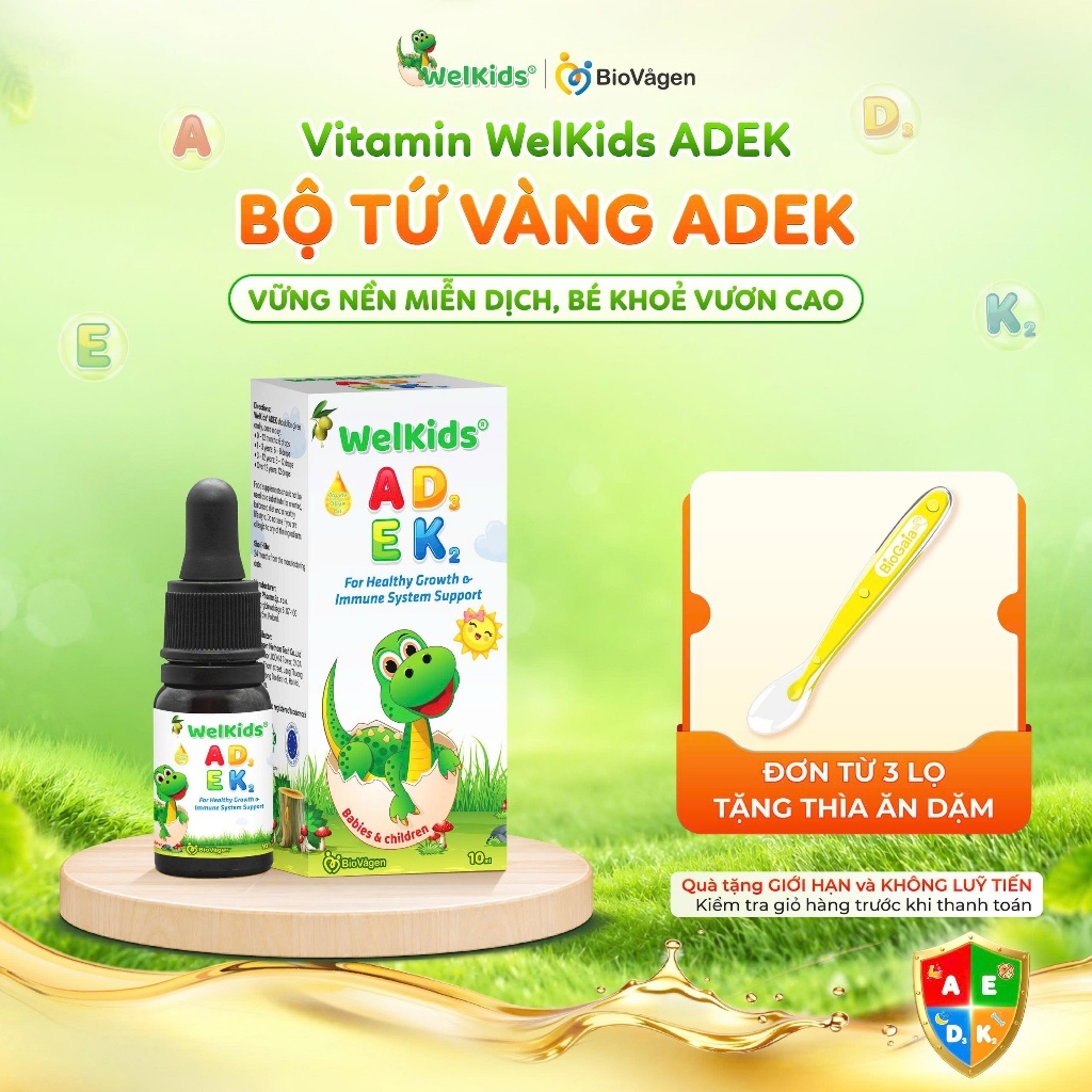 WelKids ADEK bổ sung D3K2 kết hợp Vitamin A, E hỗ trợ nâng cao đề kháng, phát triển chiều cao