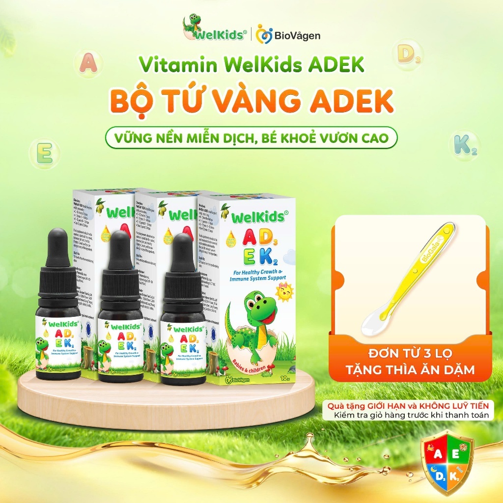 Combo 3 lọ WelKids ADEK bổ sung D3K2 kết hợp Vitamin A, E hỗ trợ nâng cao đề kháng, phát triển chiều