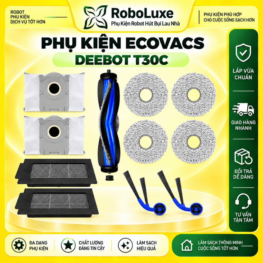 Phụ Kiện Robot Ecovacs Deebot T30C / T30C Prime Omni - Bộ Chổi Lăn + Lọc HEPA + Khăn Lau + Túi Rác
