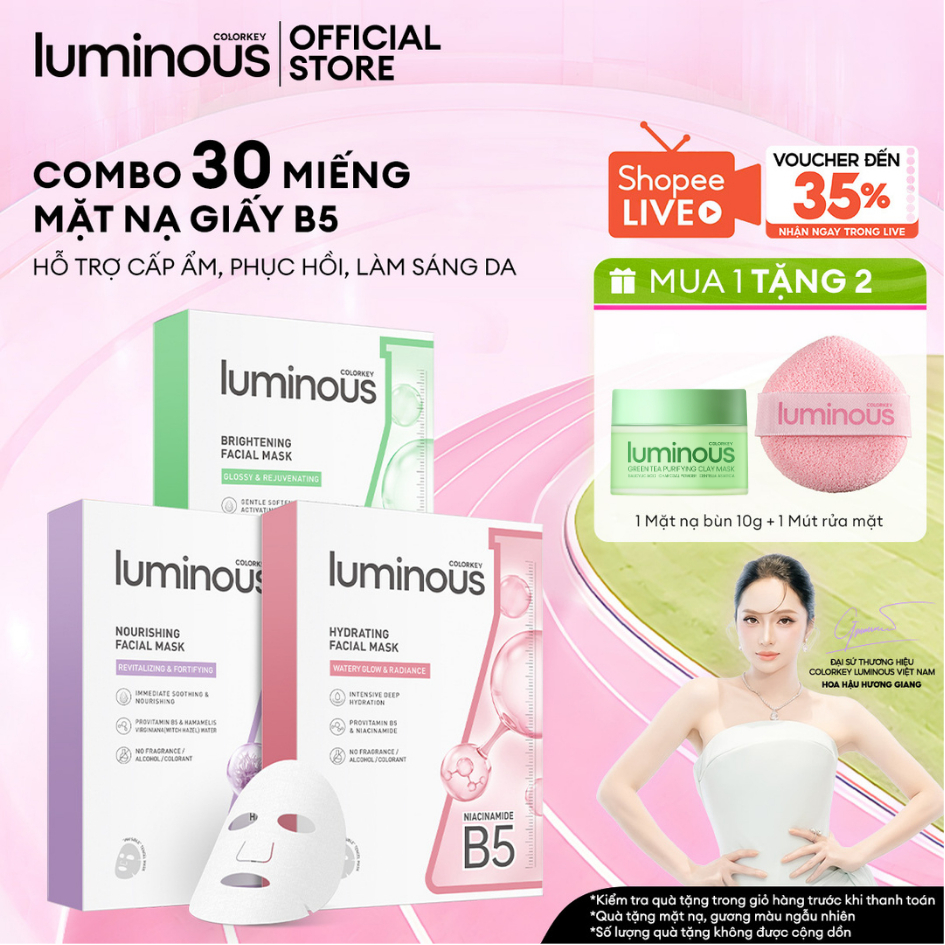 COMBO 3 Hộp Mặt Nạ Colorkey Luminous |Tinh Chất Vitamin B5 Cấp Ẩm Sâu Cho Da Căng Bóng| Phù Hợp Da N