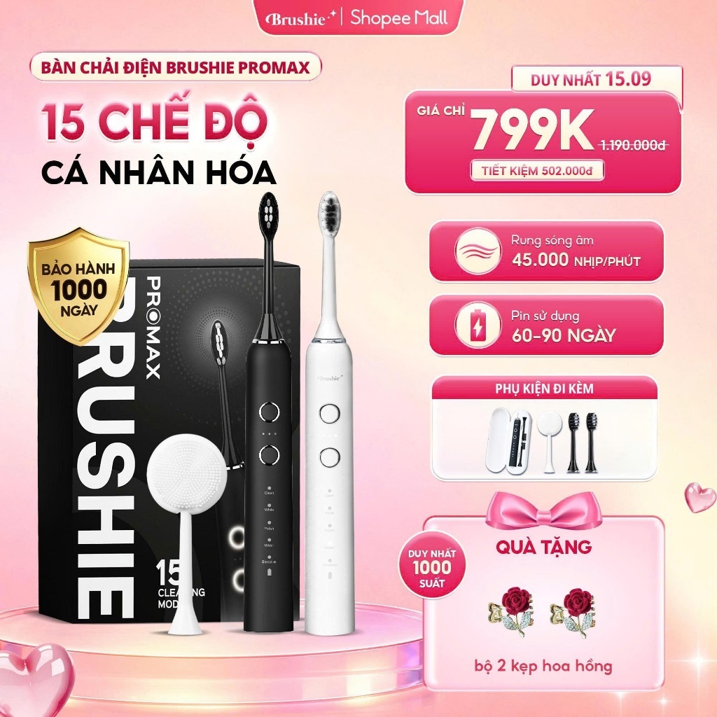 [GIÁ 595K LIVE SHOP] Bàn chải điện Brushie Promax 15 chế độ làm sạch sâu cho răng nhạy cảm, êm dịu K