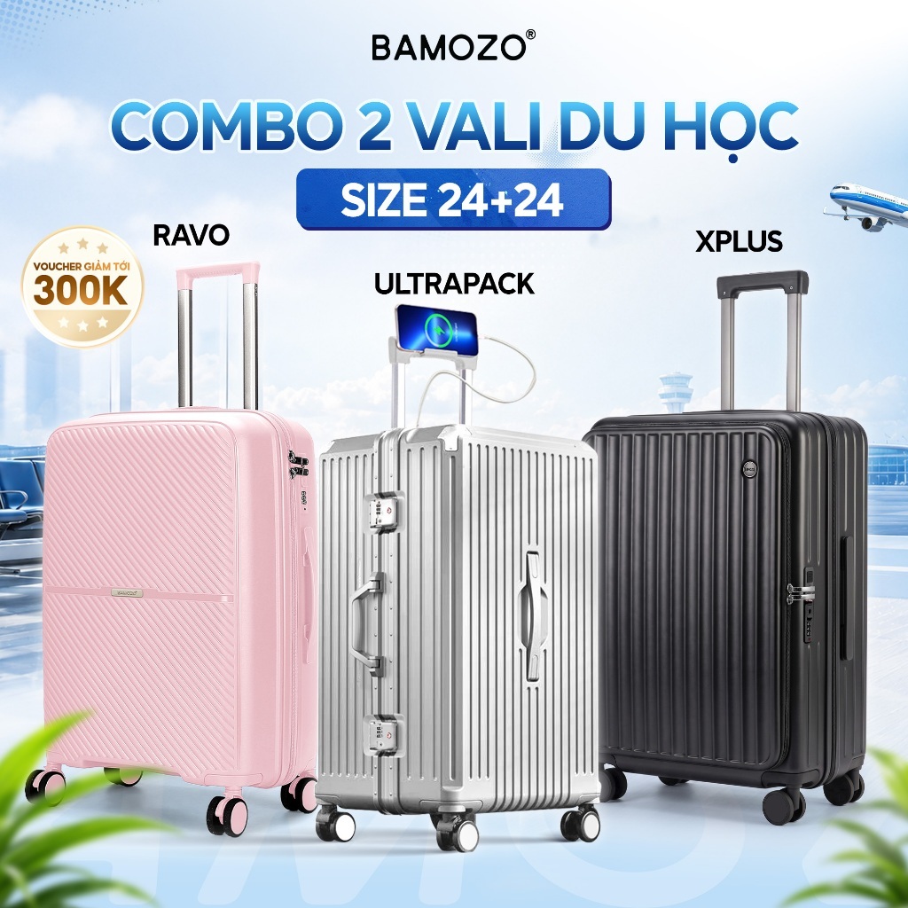 Combo 2 Vali Du Học Bamozo Size 24+24 | ULTRAPACK, XPLUS, RAVO | Tối Ưu Sức Chứa,Vali Ký Gửi Bảo Hàn
