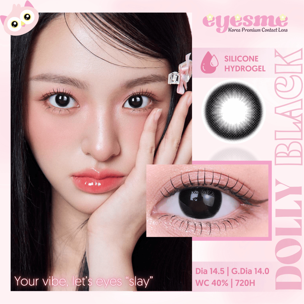 Lens Đen Silicone Hydrogel - Eyesme Dolly Black - Lens đen giãn tròng hack mắt to tròn búp bê