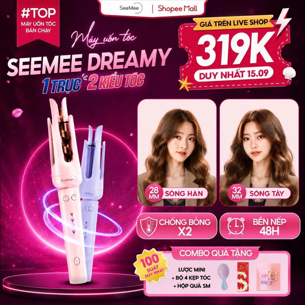 [GIÁ 343K TẠI LIVE SHOP] Máy Uốn Tóc Tự Động Seemee trục đa năng 28mm 32mm chất liệu gốm sứ bảo vệ t