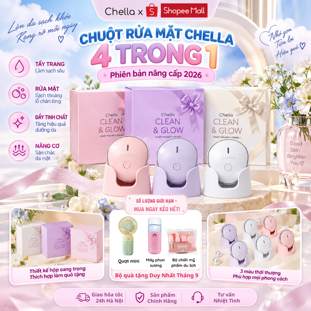 Chuột Rửa Mặt Chella 4 trong 1 hỗ trợ Tẩy Trang, Nâng Cơ, Máy Đẩy Tinh Chất, Máy Rửa Mặt - Bảo Hành 