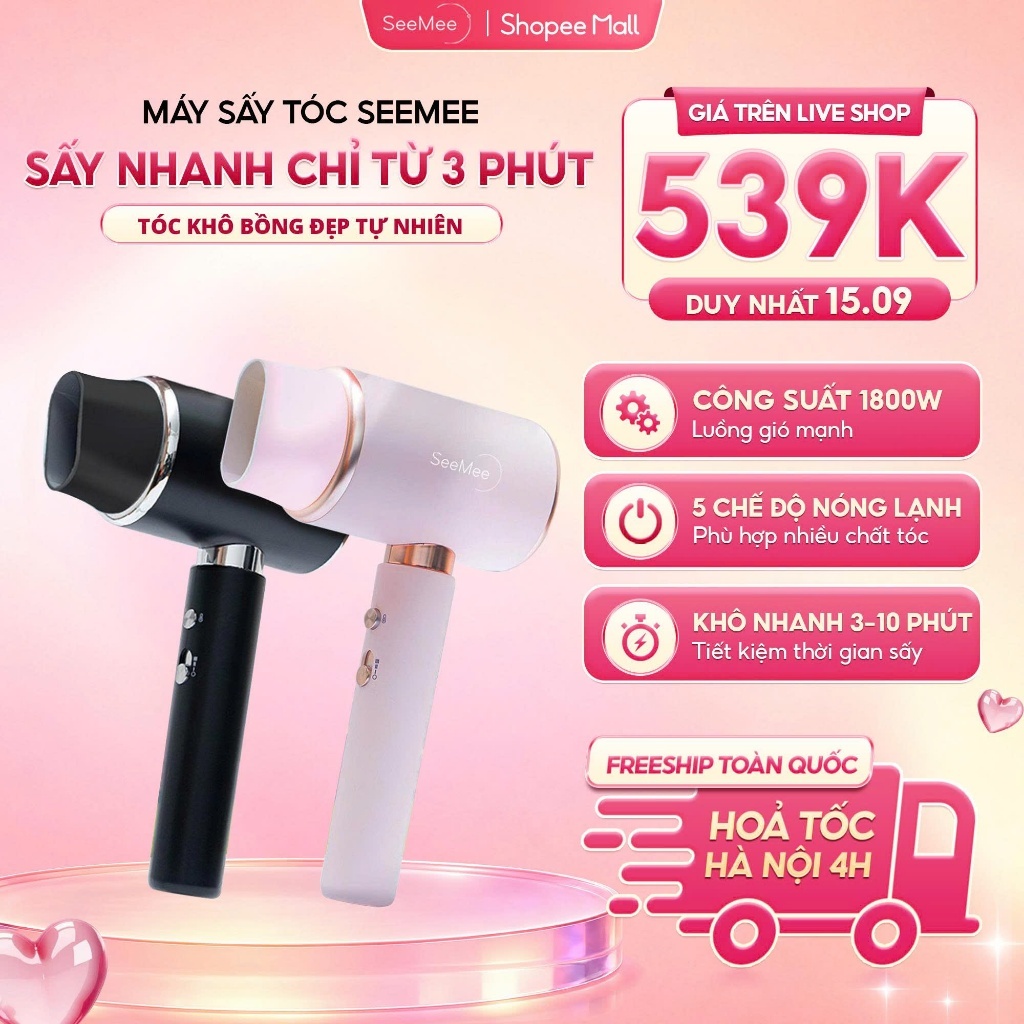 [GIÁ 539K TẠI LIVE SHOP] Máy Sấy Tóc Công Suất Lớn SEEMEE, Sấy Nhanh 3-10', 5 Chế Độ Nóng Lạnh, Tóc 