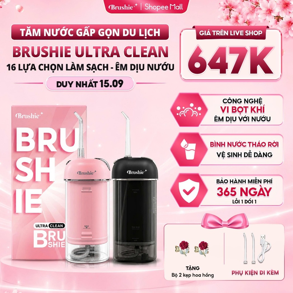 [GIÁ 695K LIVE SHOP] Tăm Nước BRUSHIE ULTRA CLEAN 16 Chế Độ Làm Sạch Cho Người Niềng Răng, Gấp Gọn D