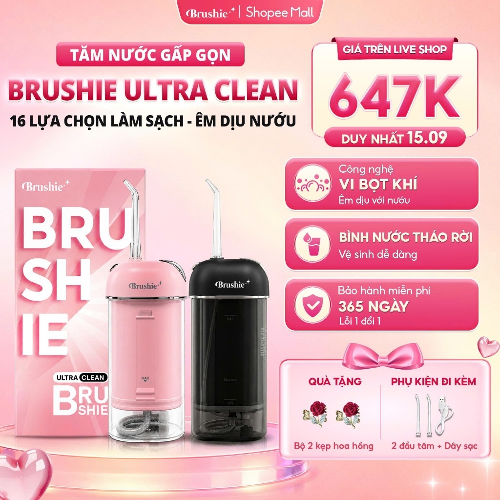[GIÁ 695K LIVE SHOP] Máy tăm nước Brushie ULTRA CLEAN gấp gọn flossie 16 chế độ làm sạch cho niềng r