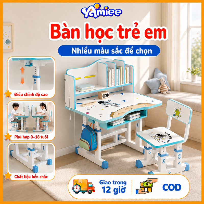 bàn học,bàn học cho bé,Bàn+ghế có thể nâng hạ kèm,Bàn học gỗ tự nhiên chỉnh cao,Tăng chỉnh 2 tuổi+