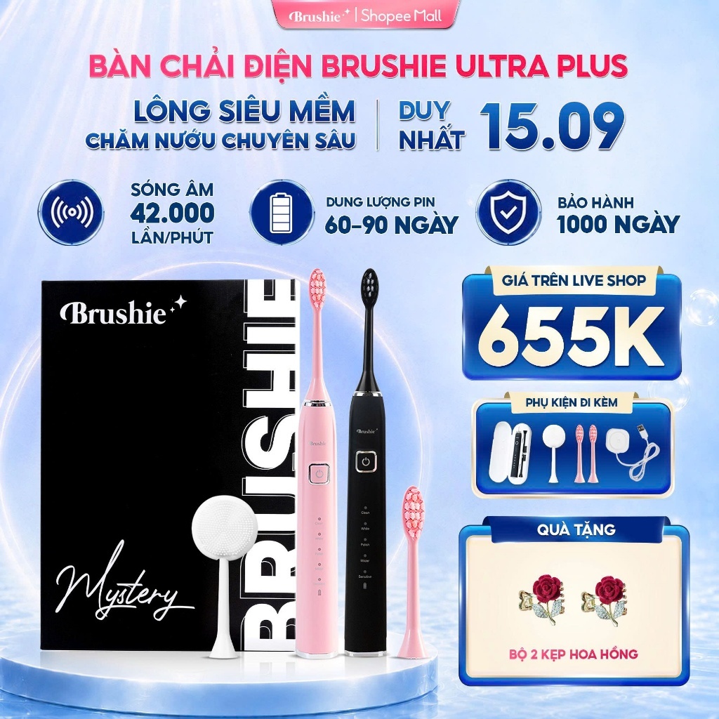 [GIÁ 595K TẠI LIVE SHOP] Bàn Chải Điện BRUSHIE Ultra Lông Mềm, Tích Hợp Máy Rửa Mặt Sạch Sâu, Dịu Nh