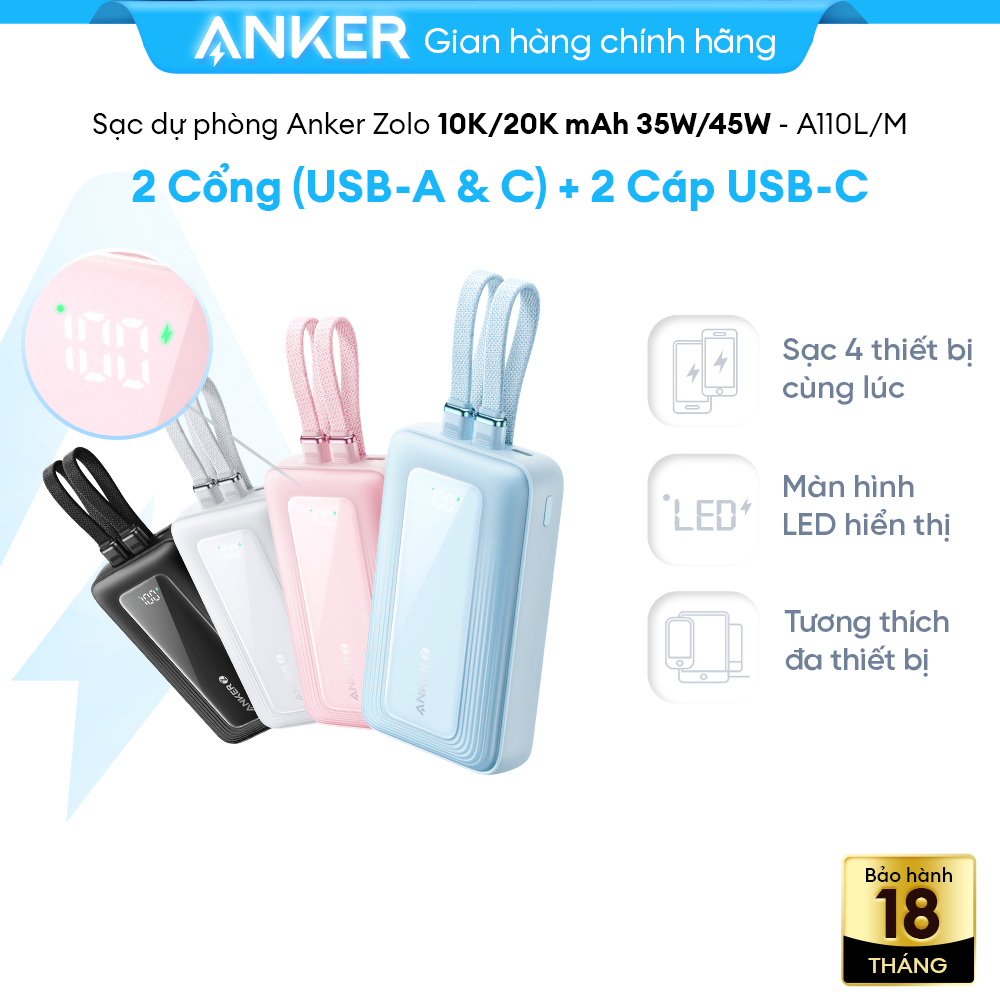 [ANKER] [Samsung/iPhone 15-17] Sạc dự phòng ANKER Zolo 20kmAh 45W | 2 cổng 1C1A | Tích hợp 2cáp USB-