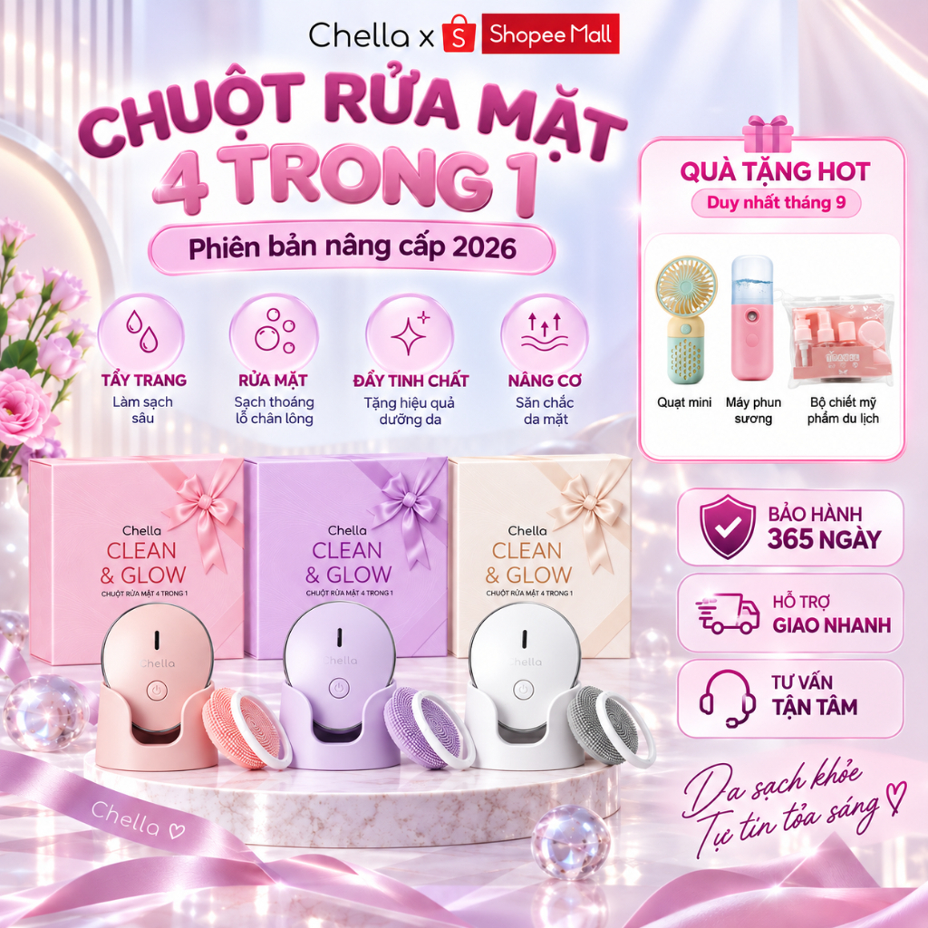 Chuột Rửa Mặt Chella 4 trong 1 kèm Tẩy Trang, Máy Đẩy Tinh Chất, Nâng Cơ, Máy Rửa Mặt Giúp Da Sạch S
