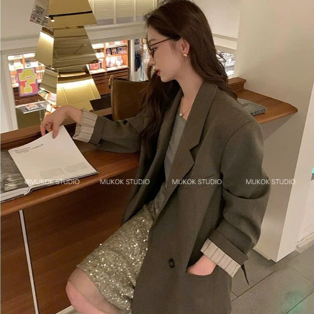 [MUKOK] - ÁO BLAZER NỮ MÀU SOCOLA DÁNG SUÔNG PHONG CÁCH HÀN QUỐC