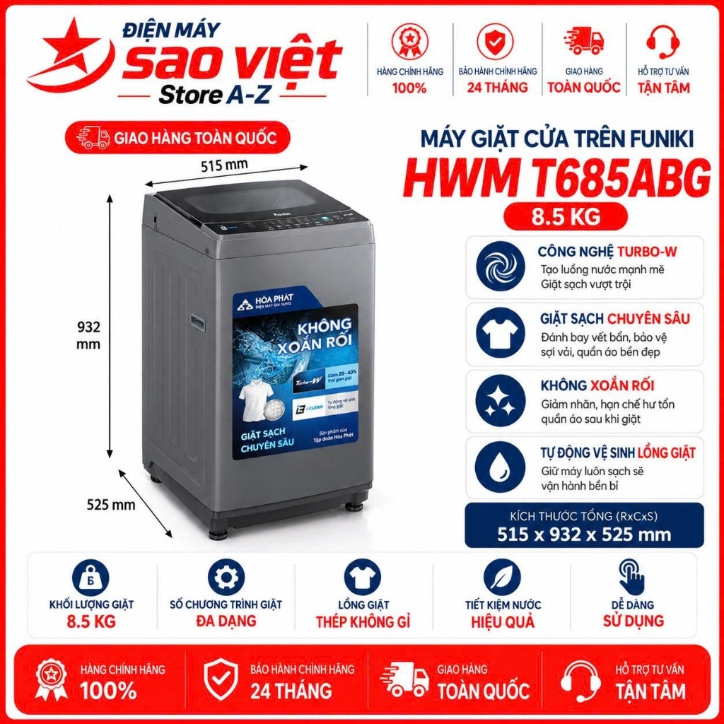 Máy Giặt Lồng Đứng Funiki Cửa Trên HWM T685ABG 8.5kg Bảo Hành 24 Tháng Tại Nhà