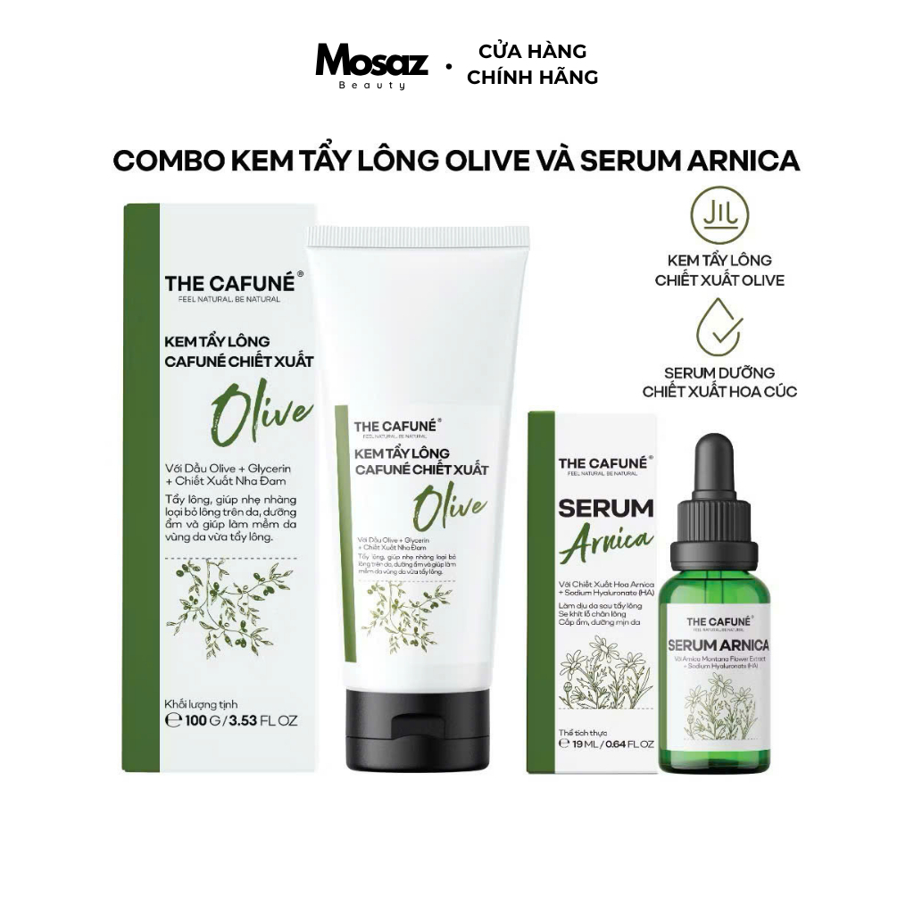 Combo Kem Tẩy Lông Olive Và Serum Dưỡng Arnica The Cafuné Triệt Lông Vùng Kín, Bikini, Chân, Tay, Ná