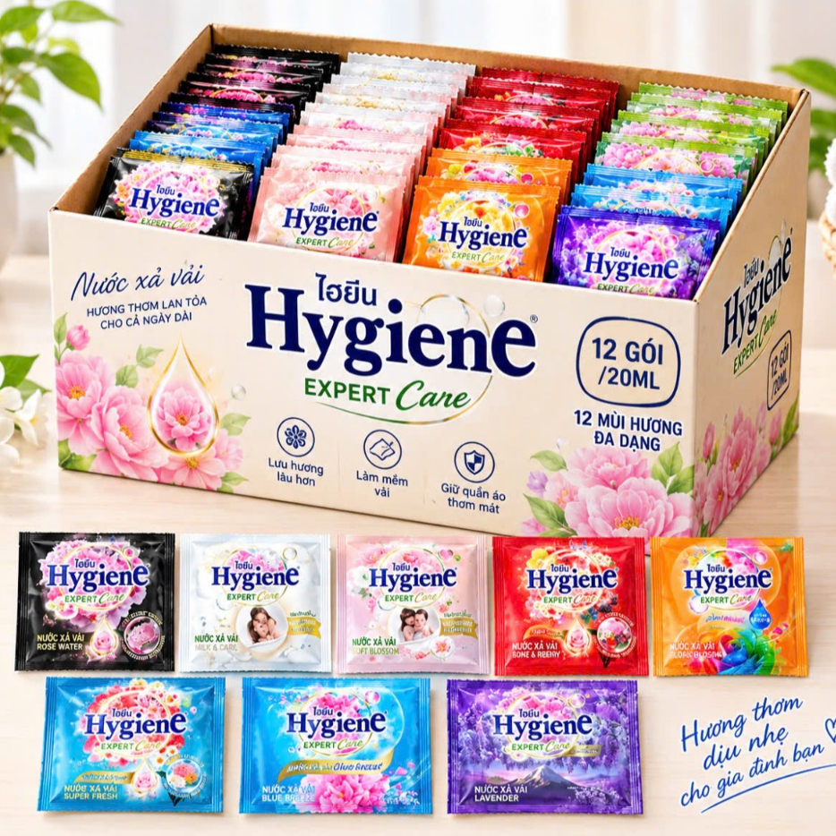 Nước Xả Vải Hygiene 1 THÙNG 360 Gói, Xả Dây Hygiene Thái Lan Thơm Lâu, Mềm Vải, Tiết Kiệm