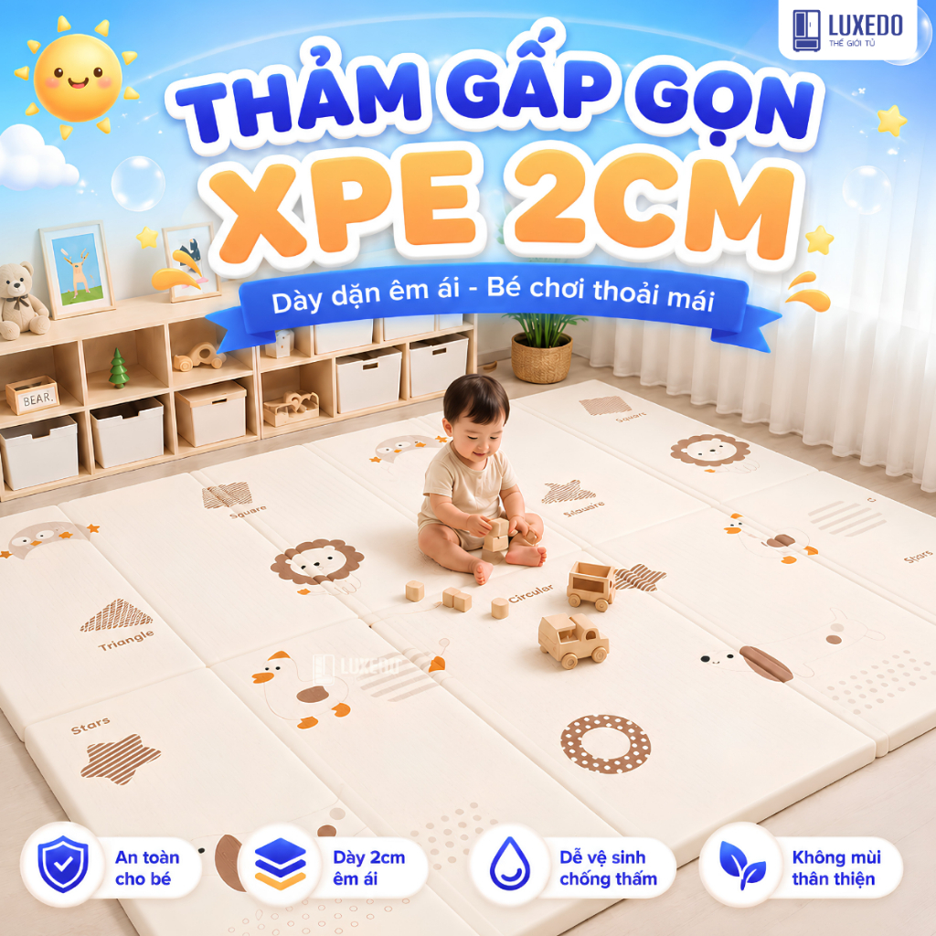 Thảm Xốp Gấp Gọn Pakey Premium Dày 2cm Chống Trơn Trượt, Thảm Cho Bé Êm Ái…