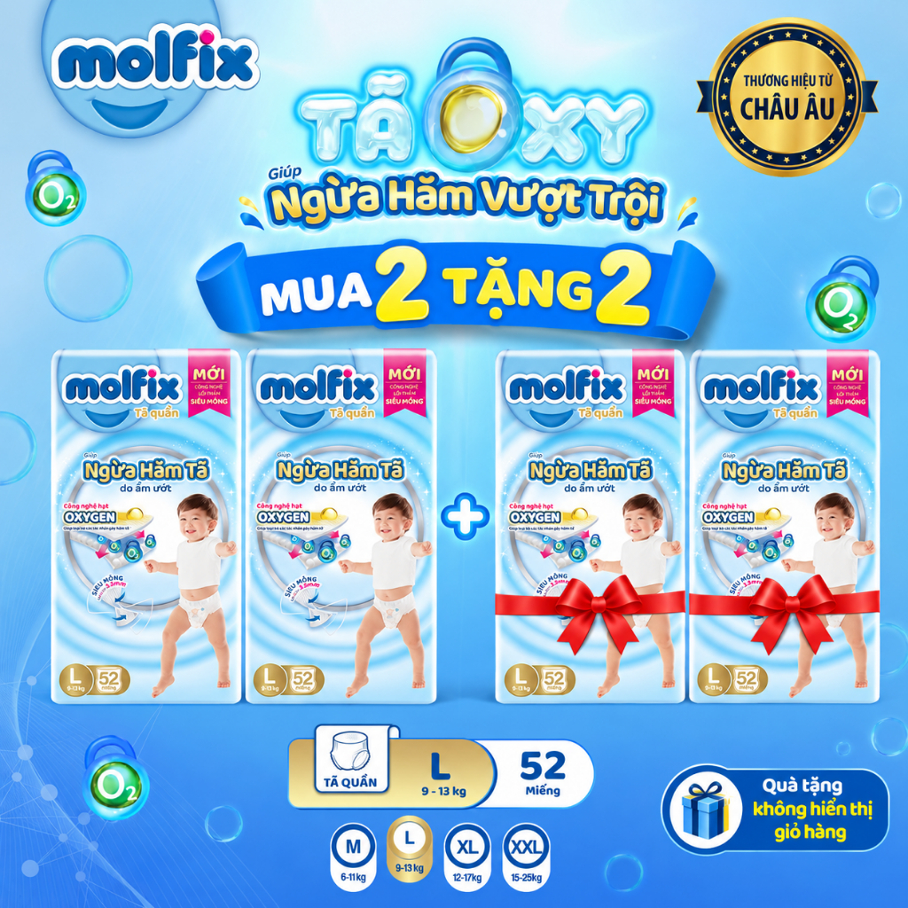 [KOL_MUA 2 ĐƯỢC 4] Combo 2 Tã/bỉm quần Molfix Oxy Super Jumbo giúp Ngừa Hăm Tã đủ các size cho Bé