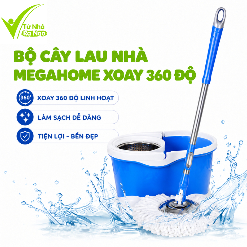 Bộ Lau Nhà MegaHome X3 Lồng Vắt Inox 360 Độ GD10 - Cây Lau Nhà MegaHome Cán Inox Chắc Chắn
