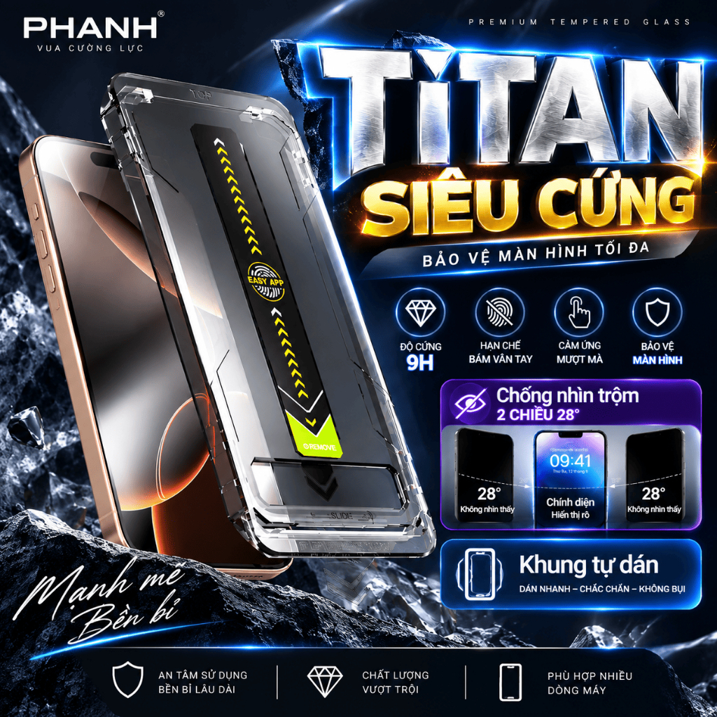 Kính cường lực iphone khung tự dán Titan cho x xr xsmax 11 12 13 14 15 16 chống nhìn trộm PHANH KTD-