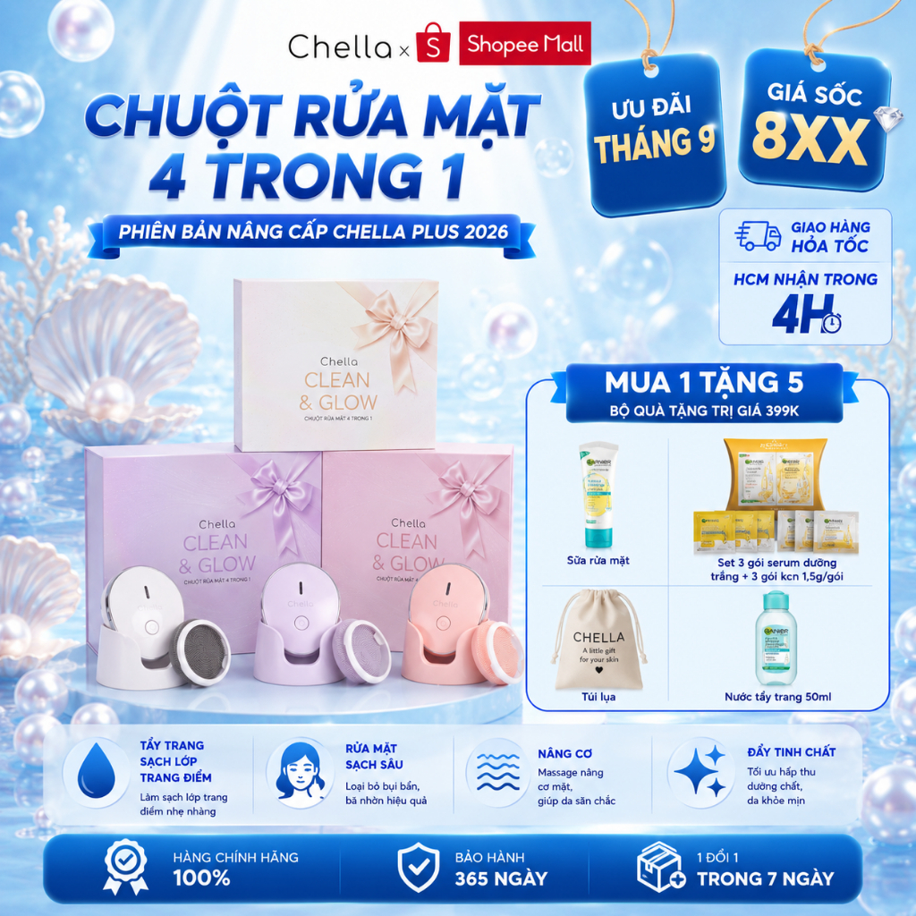 Chuột Rửa Mặt Chella 4 trong 1 - Kiêm Máy Rửa Mặt - Tẩy trang - Đẩy Tinh Chất - Massage mặt - Bảo Hà