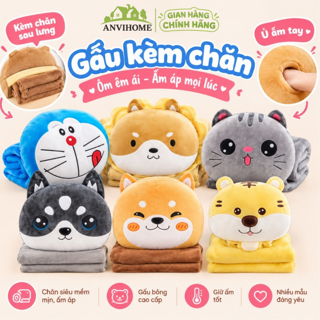 Gấu Bông Có Mền ANVIHOME hình Chó Husky cún, heo, doremon, gấu trúc chăn gối văn phòng 3in1