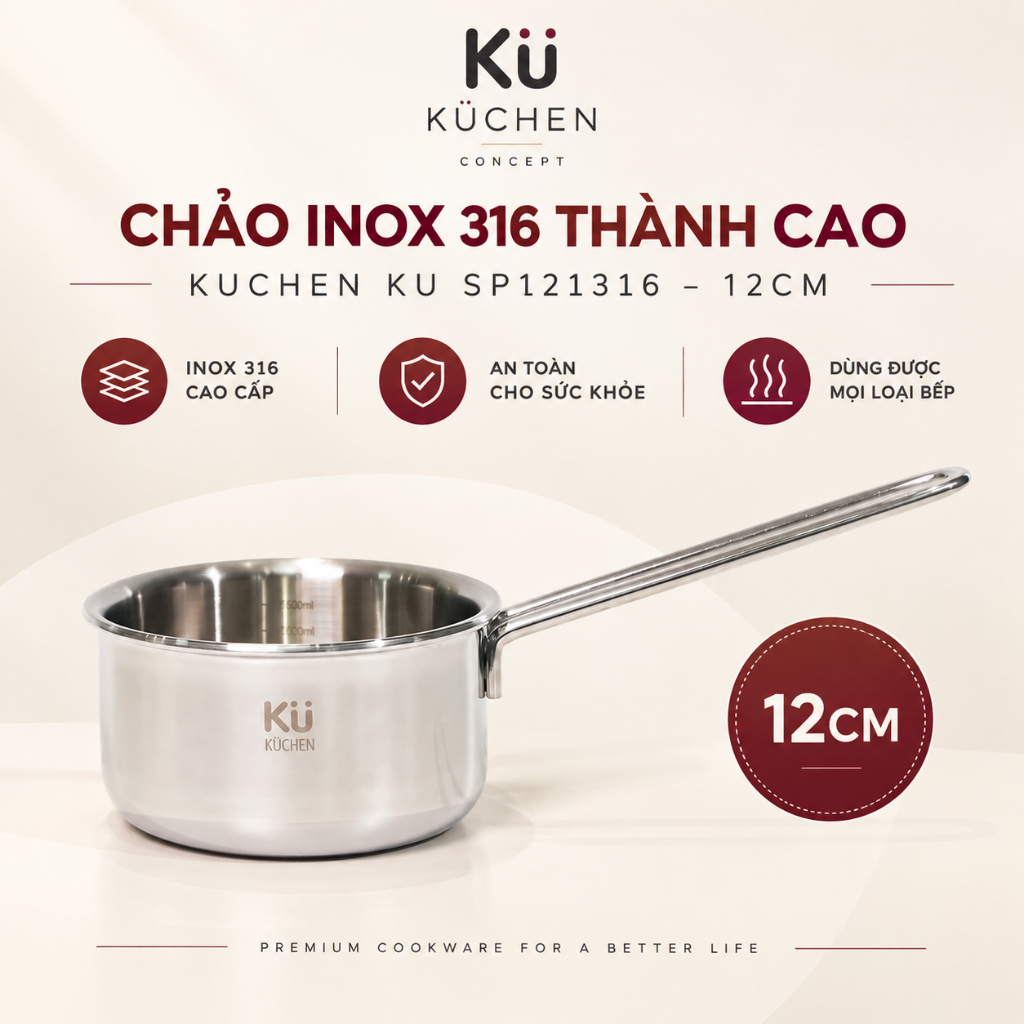 Chảo Inox 316 Thành Cao KUCHEN KU SP121316 – 12CM |  Kuchen Concept