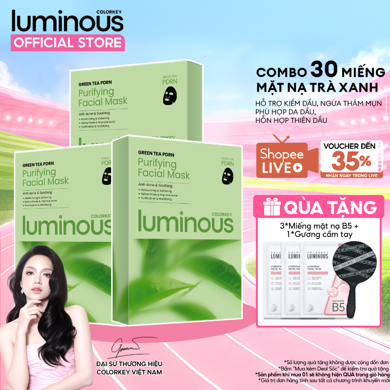 Combo 3 Hộp Mặt Nạ Trà xanh PDRN Dưỡng da Colorkey Luminous Hỗ Trợ Cấp Ẩm Cho Da Mịn Màng 10 miếng/h