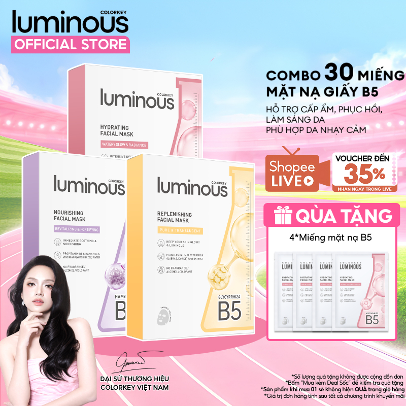 3 Hộp 3 Màu Mặt Nạ Giấy Colorkey Luminous Vitamin B5 Giúp Cấp Ẩm, Hỗ Trợ Làm Sáng Da 10 miếng/hộp
