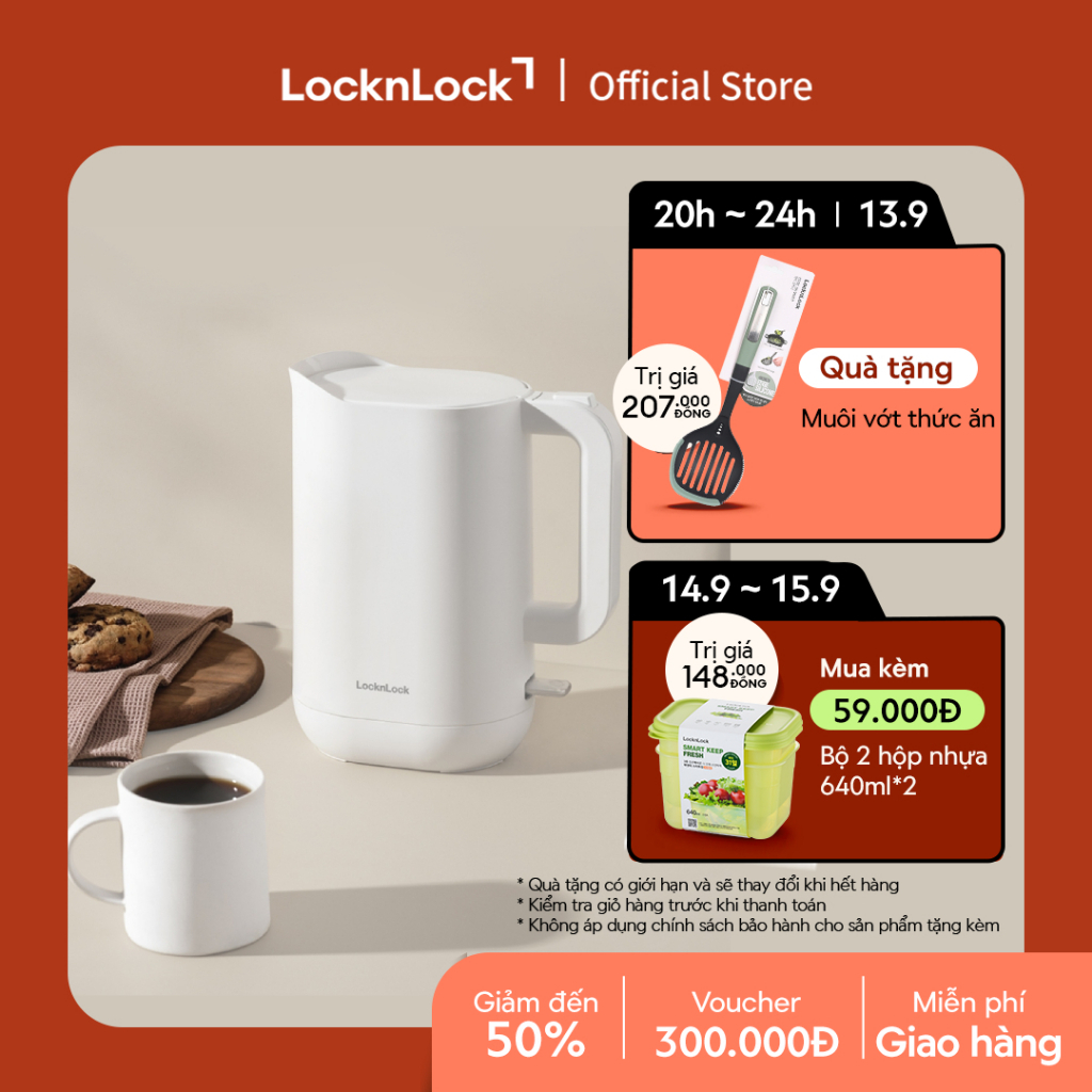 Ấm đun siêu tốc giảm âm LocknLock Silent electric kettle 1.2L- Màu trắng EJK216WHT