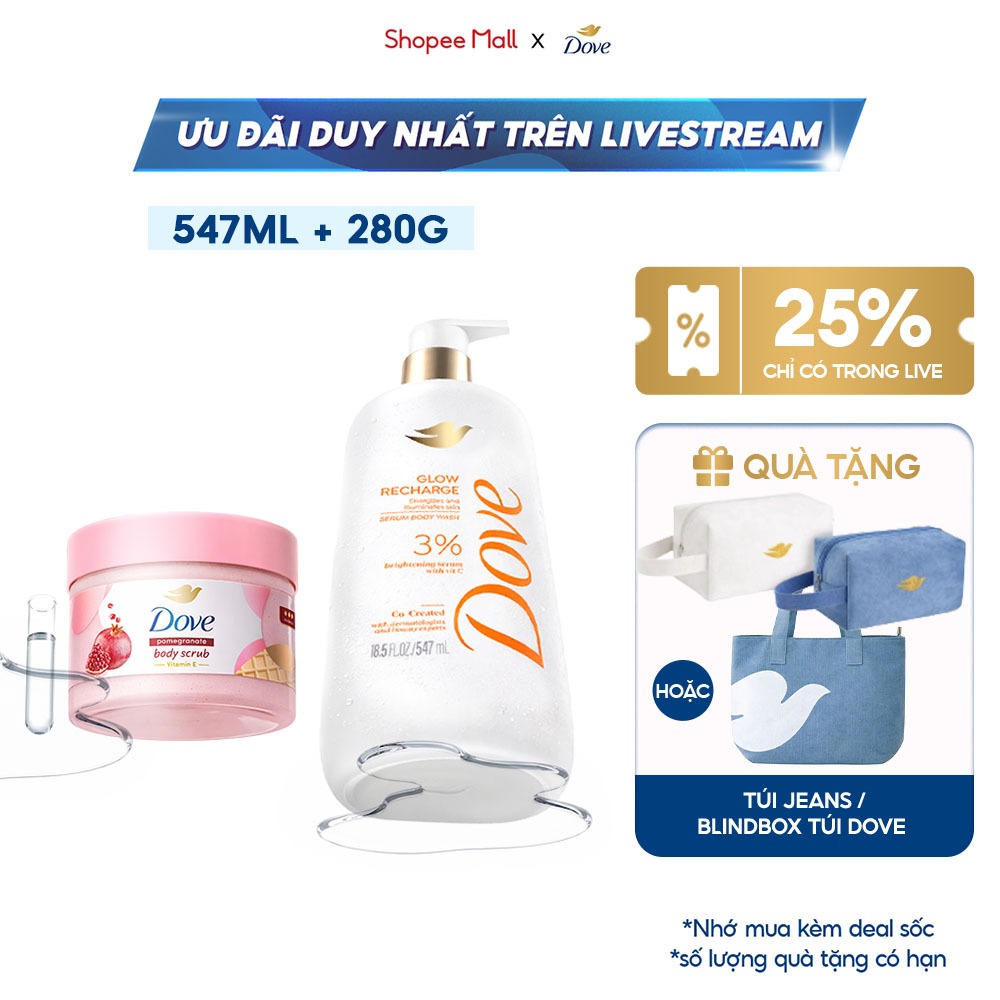 [LIVE] Combo Sữa tắm Dove Serum Dưỡng da chuyên sâu 547ml + Tẩy Tế Bào Chết Body Dove 280g