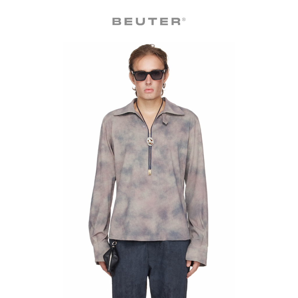 Áo Polo Nam Tay Dài Cổ Xẻ Hoạ Tiết Màu Xám - BEUTER® SHAPED RELAXED COLLARED SPLIT-NECK LONG SLEEVE 