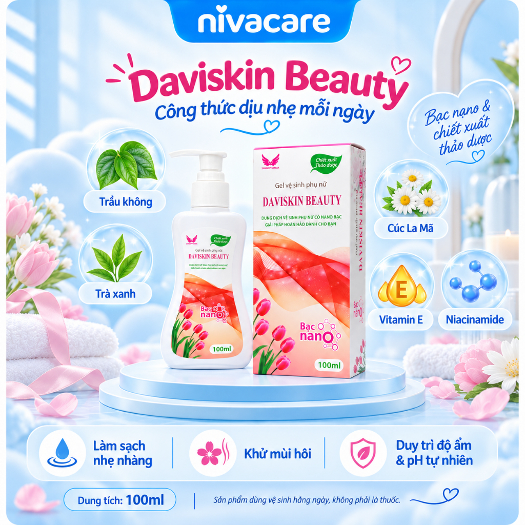 Dung dịch vệ sinh phụ nữ Daviskin Beauty 100ml - dịu nhẹ, khử mùi, làm sạch vùng kín hằng ngày