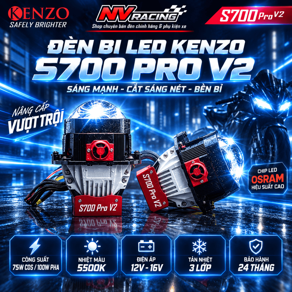 Kenzo S700 Pro V2, Đèn Bi Cầu Kenzo S700 Pro V2 Pha 100W Chính Hãng Ánh Sáng Mạnh - BH 2 Năm
