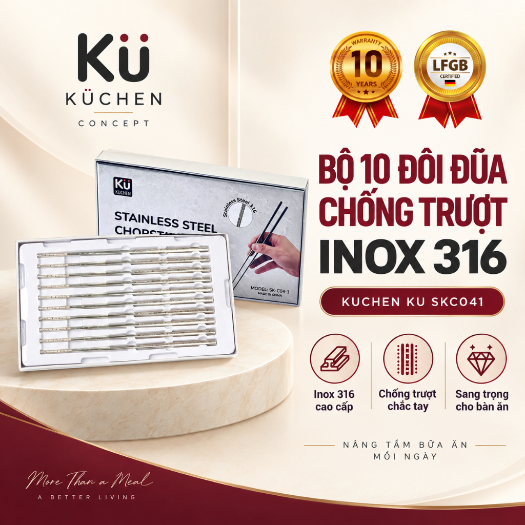 Bộ 10 đôi đũa chống trượt Inox 316 Kuchen KU SKC041 | Kuchen Concept